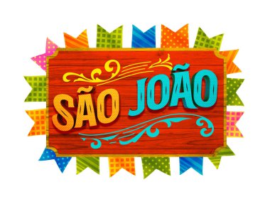 Festa Junina Illustration parti bayrakları ve arka plan ile. Promosyon damga Brezilya Haziran Festivali tasarım tebrik kartı veya tatil poster. Festa de Sao Joao. Şenlikli tipografi