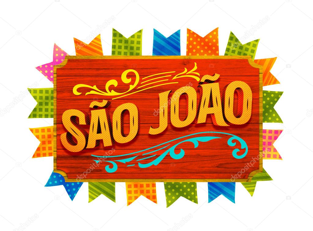 Festa Junina Illustration with Party Flags and  Background. Promotional stamp Brazil June Festival Design for Greeting Card or Holiday Poster. Festa de sao Joao. Festive Typographic