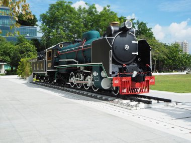 Bangkok, Tayland - 31 Mayıs 2019: Mikado Steam Lokomotif, eskiden Thonburi Tren İstasyonu olarak kullanılan Siriraj Bimukshtan Müzesi'nde yer almaktadır. 1950'de Tayland'a getirildi..