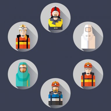 Koruma kıyafeti nde kurtarıcılar gölge koleksiyonu ile düz izole avatarlar.