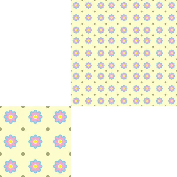 Nahtlose Muster von Blumen und Punkten auf dem gelben Hintergrund mit Mustereinheit. — Stockfoto