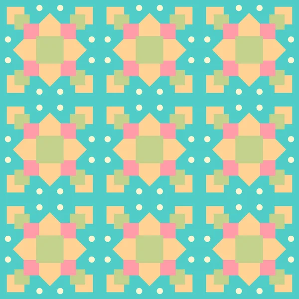 Seamless geometric pattern with circles and squares on a turquoise background.