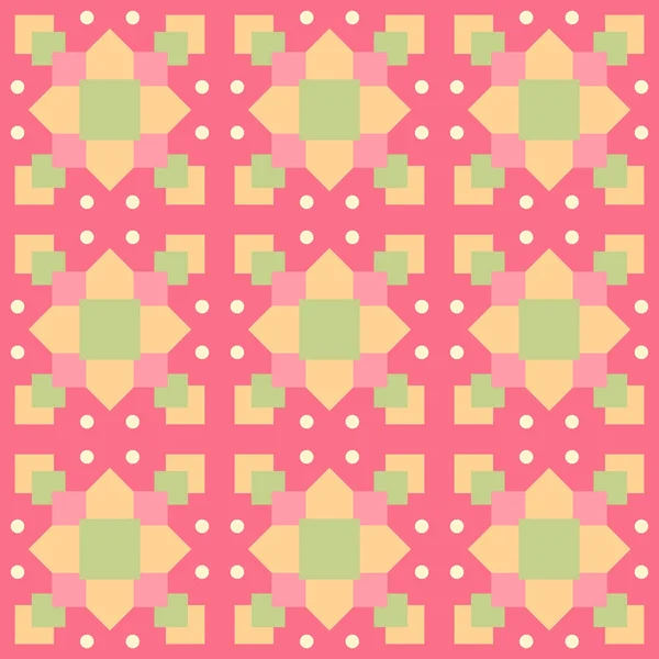 Seamless geometric pattern with circles and squares on a pink background.