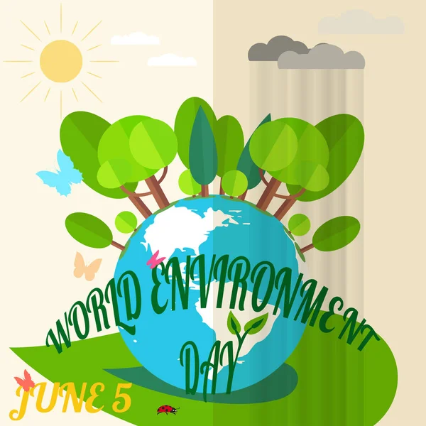 Vector illustration of World Environment Day with a globe, butterflies, forest, rain, clouds, sun and ladybug. Creative vector picture of World Environment Day.