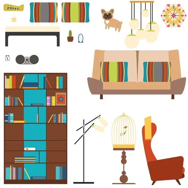 Soubor předmětů ve stylu 70ti s bookcase, pohovkou, křesílkem, podlahovou svítilnou, psem, papouškem. — Stock fotografie