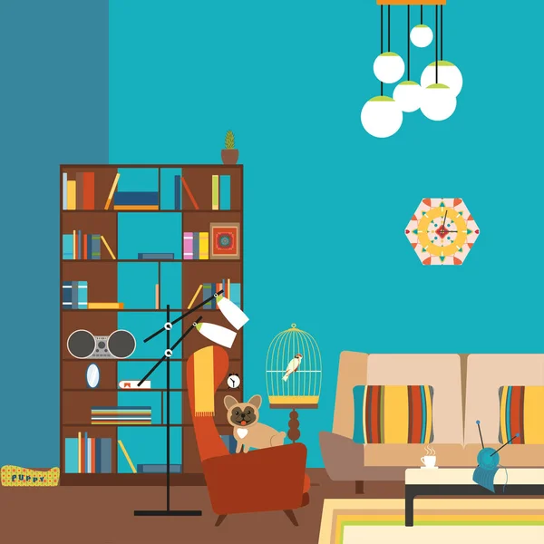 Illustration of a room in the style of 70s with bookcase, sofa, armchair, floor lamp, dog, parrot. Illustration of a living room in the style of 70s — Stock Photo, Image