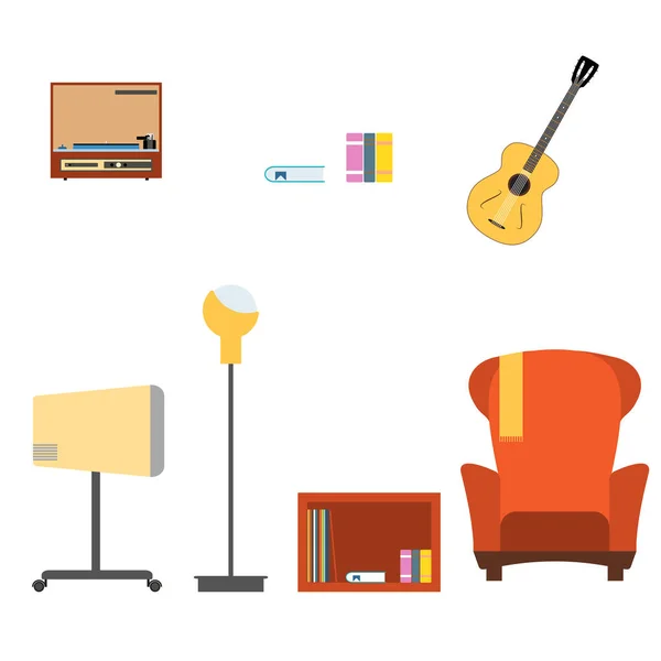 Coleção de objetos interiores sala de estar com poltrona, TV, guitarra no estilo dos anos 70 . — Fotografia de Stock