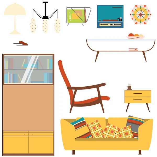 Sada vnitřních předmětů obývací místnosti se žlutou pohovkou, knižním pouzdjem a křesílka ve stylu 70 's. — Stock fotografie