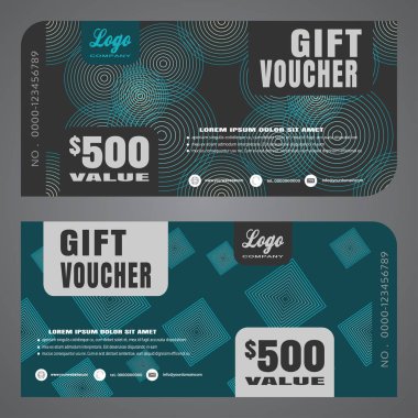 Desenli koyu gri ve turkuaz arka plan daki satışları artırmak için hediye çeki vektör çiziminin boş.