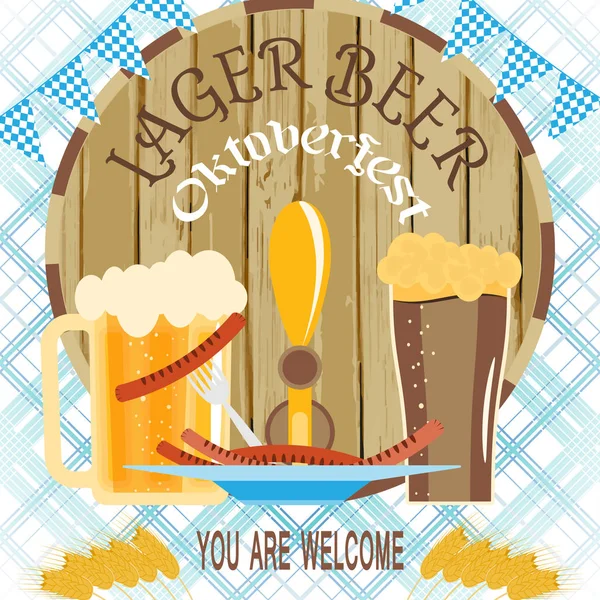 Vektor plakát az Oktoberfest hordó, bögre, serleg a sör, kolbász lemez a gradiens kék háttér. — Stock Vector