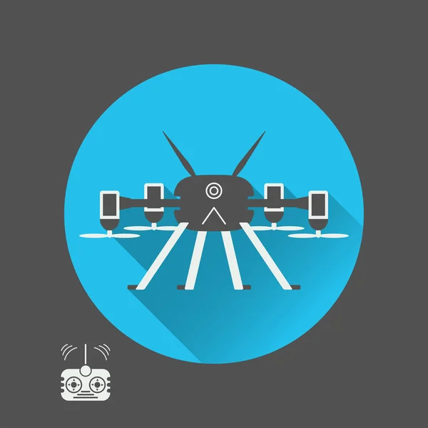 Vektor-Icon der Quadrocopter-Silhouette mit Schatten und Fernbedienung auf grauem und blauem Hintergrund. — Stockvektor