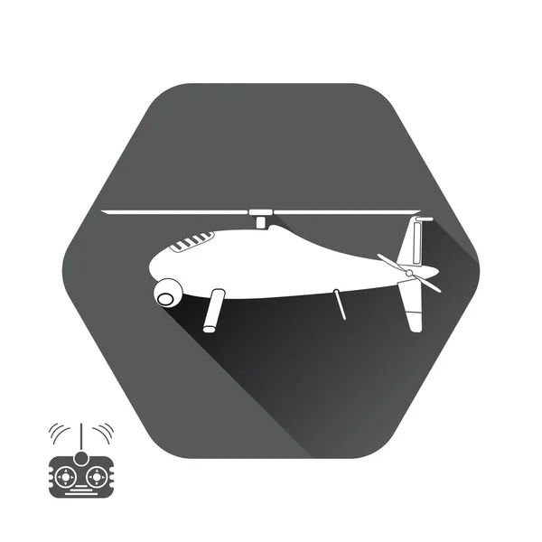 Icône vectorielle isolée de silhouette de copter avec ombre et télécommande en hexagone sur fond gris . — Image vectorielle