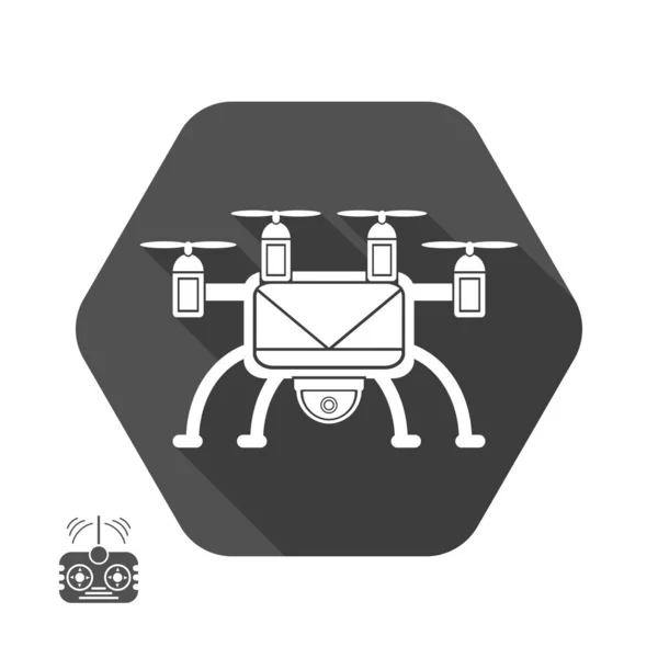 Étiquette vectorielle isolée de silhouette de drone avec ombre en hexagone et télécommande sur fond gris au design plat . — Image vectorielle