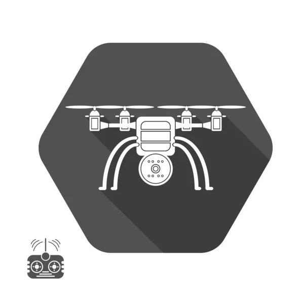 Izolowana etykieta wektorowa sylwetki Drone z cieniem w sześciokątnym i zdalnym sterowaniu w płaskiej konstrukcji. — Wektor stockowy