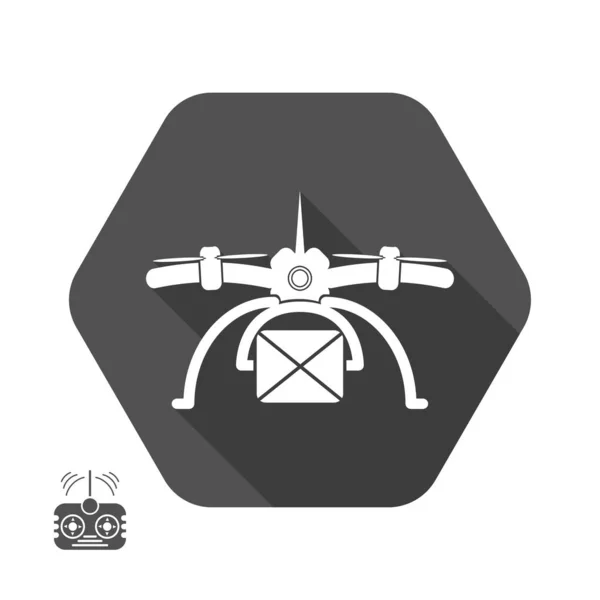 Icône vectorielle isolée de la silhouette du drone de livraison avec ombre en hexagone et télécommande en conception plate . — Image vectorielle