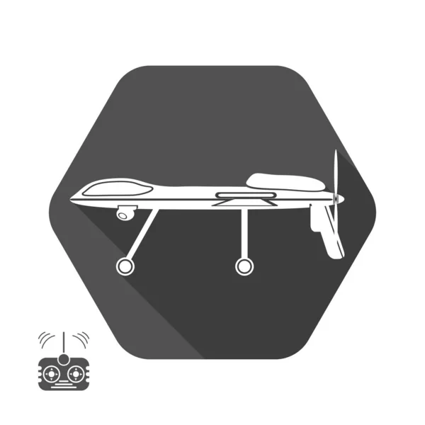 Icône vectorielle isolée de silhouette de drone avec ombre en hexagone sur le fond gris en style plat et télécommande . — Image vectorielle