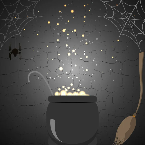 Ilustração de cartaz de Halloween com vassoura, caldeirão mágico, aranha, rede no fundo escuro cinza rachado . — Fotografia de Stock