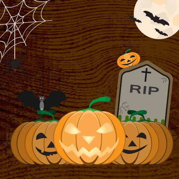 Ilustrace Halloweenské plakátu s Jackovou lucernou, dýně, pavoukem, měsícem, sítí, pavouky, náhrobním kamenem, pálkou na dřevěném pozadí. — Stock fotografie