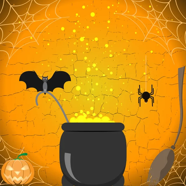 Illusztráció a Halloween a seprűt, mágikus bogrács, pók, denevér, sütőtök a sárga repedt háttér. — Stock Fotó