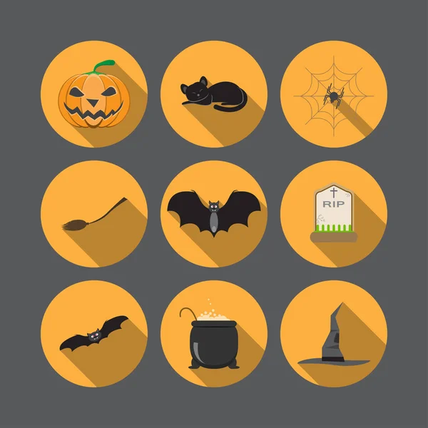 Vektor-Set isolierter Halloween-Symbole auf gelbem Hintergrund mit Schatten. — Stockvektor