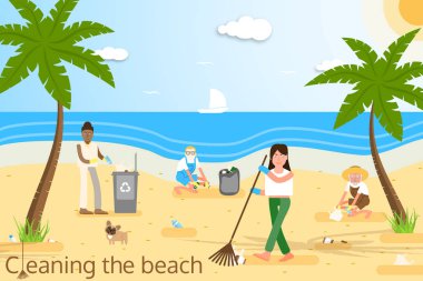 Sarı koruyucu eldiven farklı yaş ve ırk insanların Vektör düz illüstrasyon avuç içi ile plastik çöpten plaj temizliği, çöp tenekesi, bulutlar, güneş, martılar.