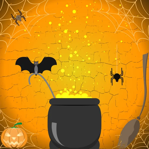 Ilustração de cartaz de Halloween com vassoura, caldeirão mágico, aranha, morcego, abóbora no fundo rachado . — Fotografia de Stock