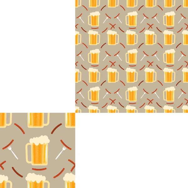 Seamless pattern blank with mug of beer, sausages and forks with sausages on the brown background with pattern unit. — Stock Photo, Image