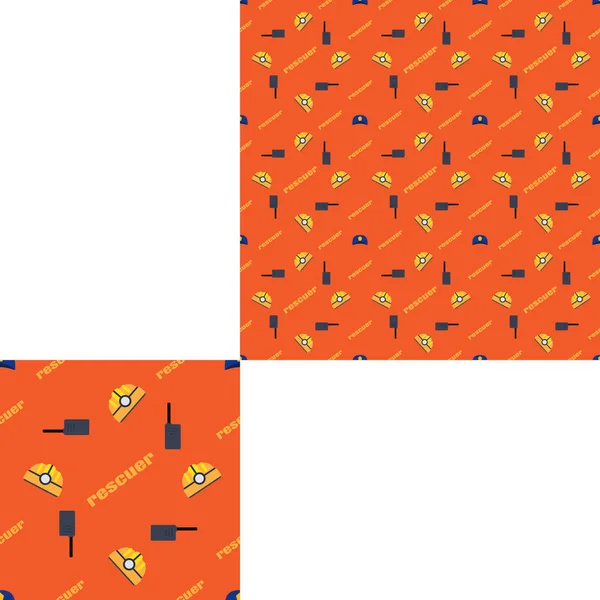 Naadloos patroon van redding en brand met kunststof helmen, radio en gele tekst op de oranje achtergrond met patroon eenheid. — Stockfoto