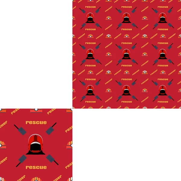 Naadloos patroon van redding en brand met helmen, radio en gele tekst op de rode achtergrond met patroon eenheid. — Stockfoto