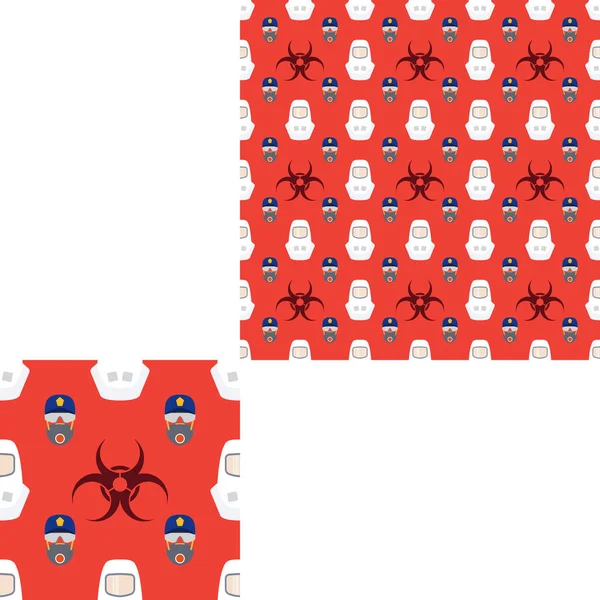 Bezszwowy wzór ratownictwa i ognia z maski oddechowej, Okulary, czapkę policyjną, znak biohazard i białe hełmy na czerwonym tle z jednostką wzorca. — Zdjęcie stockowe
