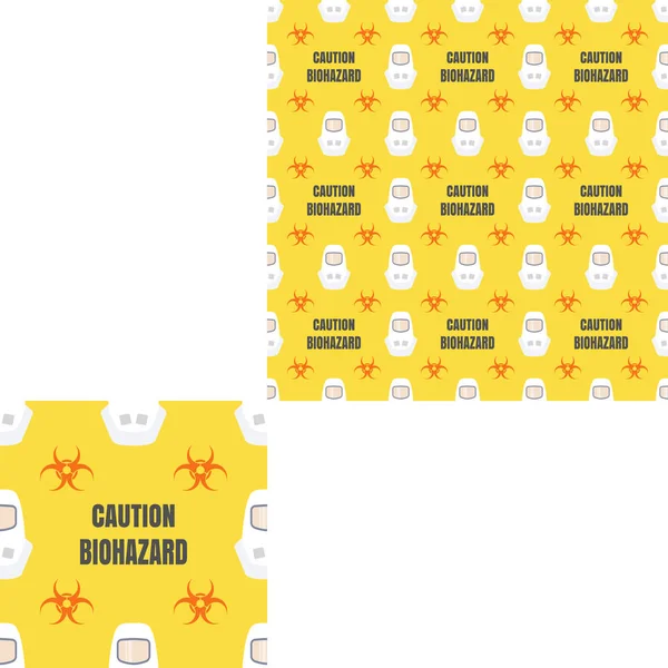 Seamless pattern of Rescue and fire with biohazard signs, gray text and white helmets on the yellow background with pattern unit. — Stock Photo, Image