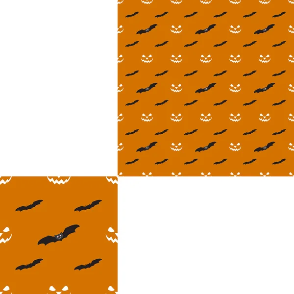 Halloween sömlösa mönster med gula leenden och mörkgrå fladdermöss på den orangea bakgrunden med mönster enheten. — Stockfoto