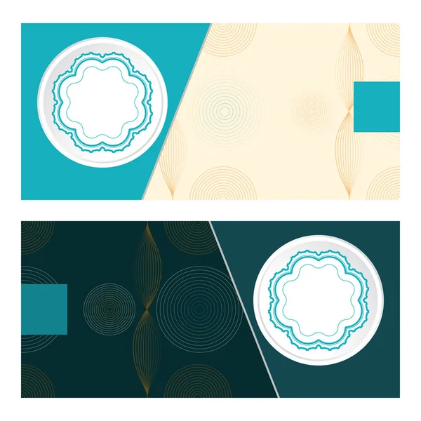 Blank of gift voucher set with label, squares on the light turquoise and dark turquoise background with patterns.