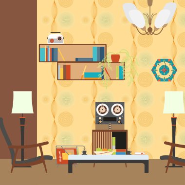 70'li yıllarda koltuk, masa, kitaplıklar ve oyuncu tarzında vektör oturma odası iç.