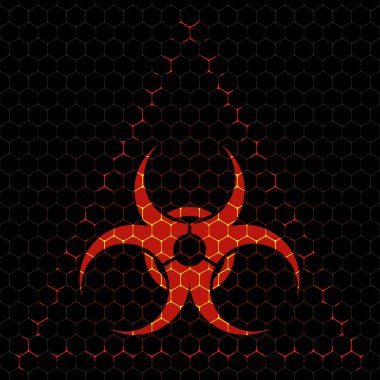 Kırmızı biyolojik tehlike işareti ile soyut vektör koyu arka plan.