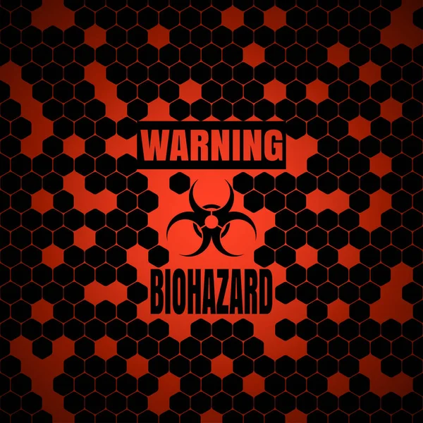 Manifesto vettoriale di avviso di pericolo biologico sullo sfondo rosso sfumato con forme esagonali . — Vettoriale Stock