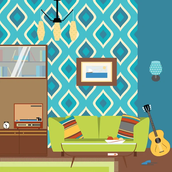 Vector living room interior with bookcase, table, sofa, guitar and player in the style of 70 's . — стоковый вектор