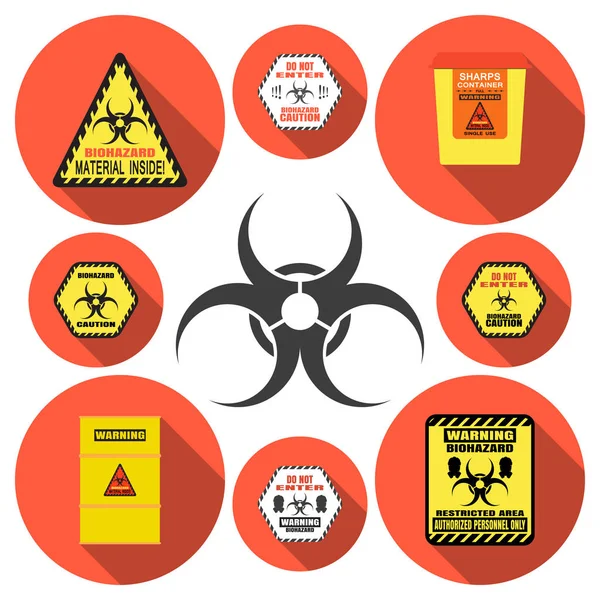 Biohazard - icone vettoriali isolate impostate con ombra su sfondo rosso cerchio . — Vettoriale Stock