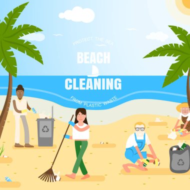 Farklı yaş ve ırk insanların vektör düz illüstrasyon koruyucu eldiven avuç içi ile plastik atıkplaj temizliği, çöp kutusu, bulutlar, güneş, martılar, metin.