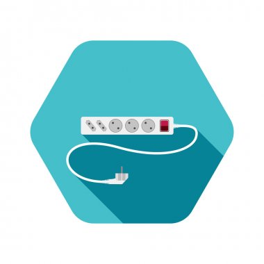 Turkuaz altıgen arka planda farklı çıkışları ile elektrik uzatma kablosunun vektör simgesi.