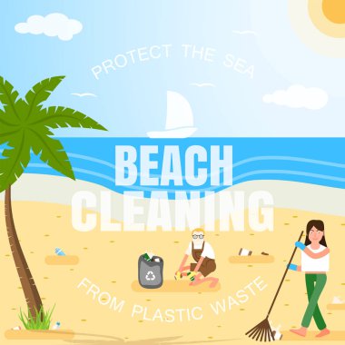 Merkezde avuç içi, çöp kutusu, bulutlar, güneş, martılar ve beyaz metin ile plastik atıklardan plaj temizliği koruyucu eldiven gönüllülerin Vektör düz illüstrasyon.
