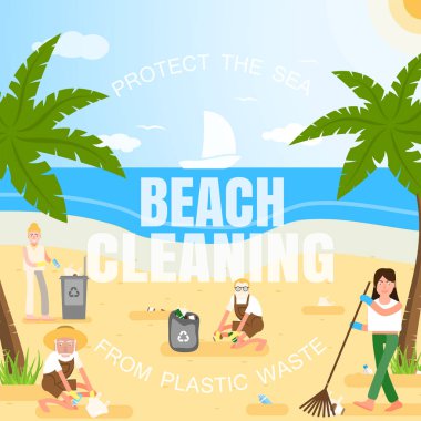 Merkezinde palmiye, çöp tenekesi, bulutlar, güneş, martılar ve beyaz metin ile plastik atıkplaj temizliği koruyucu eldiven farklı yaş ve ırk gönüllülerin Vektör düz illüstrasyon.