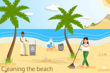 Sarı koruyucu eldivenfarklı yaş ve ırk gönüllülerin Vektör düz illüstrasyon avuç içi, çöp tenekesi, bulutlar, güneş, martılar ve dağlar ile plastik çöp ten plaj temizliği.