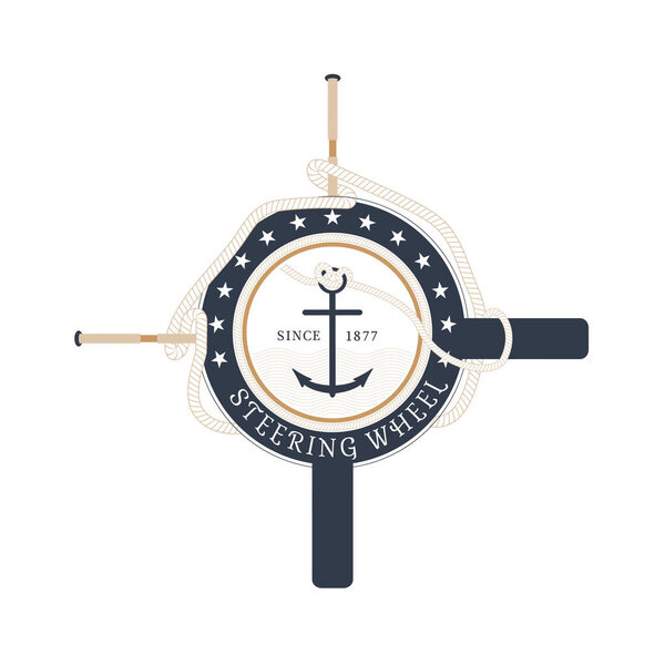Vector isolated flat icon of steering wheel with rope, crossed oars and anchor at the center on the white background.