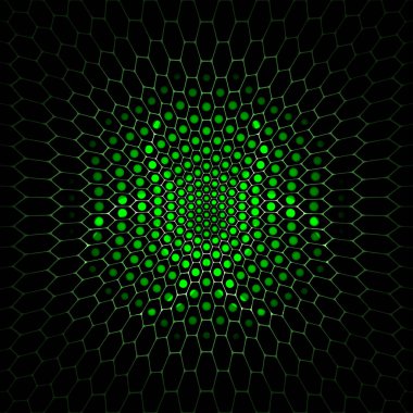 Parlak biyolojik tehlike sembolü silueti ile vektör koyu yeşil altıgen arka plan.