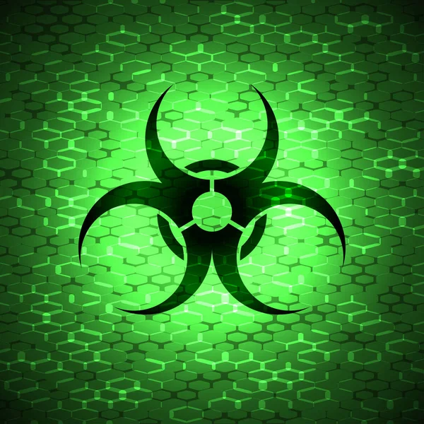 Vector gradient green hexagon background with dark biohazard symbol silhouette. — Stock Vector