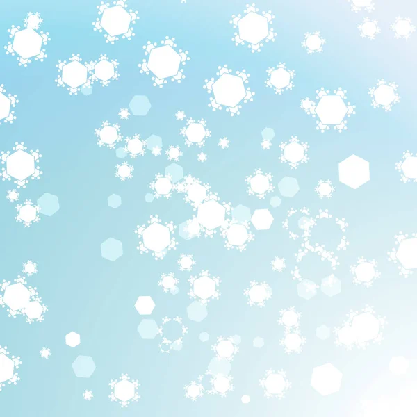 Abstract licht blauwe winter achtergrond met zeshoekige vormen en sneeuwvlokken. — Stockfoto