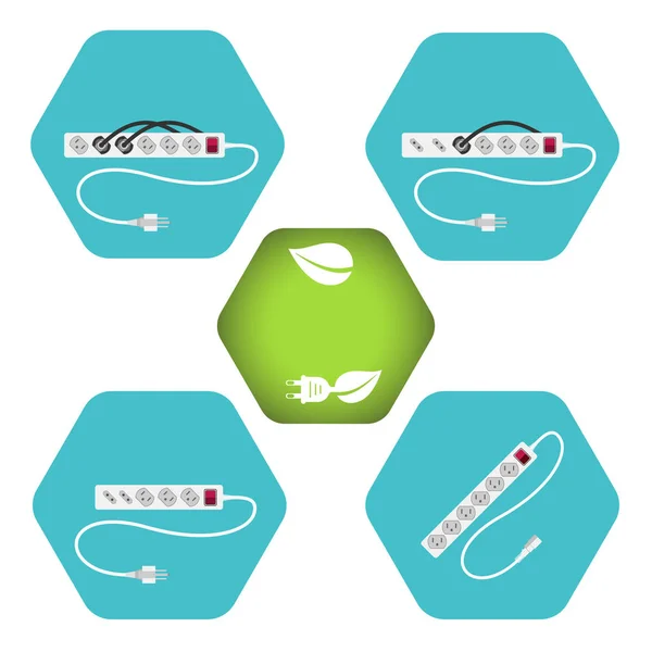Illustration of hexagon icons set of modern electric extension cord type B with shadow on the turquoise background.