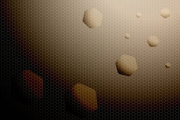 Abstract gradient brown mesh background with brown convex hexagons of different size.