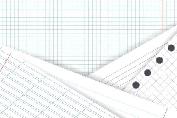 从学校笔记本和日记中打印的矢量页集，阴影位于方格表背景上不同角度. — 图库矢量图片